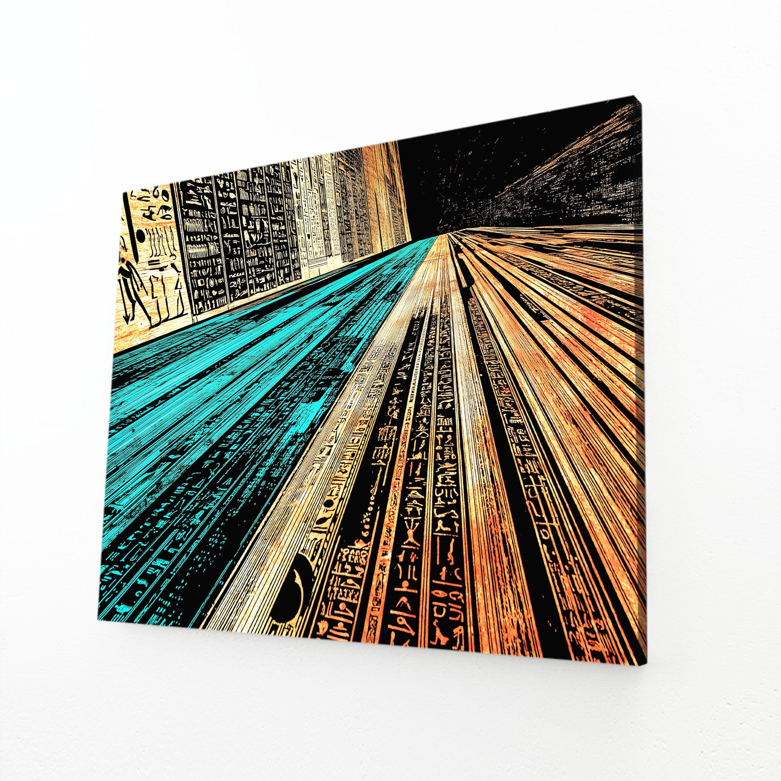 Golden Corridor Abstract Egyptian Canvas Art – angled canvas view on white background