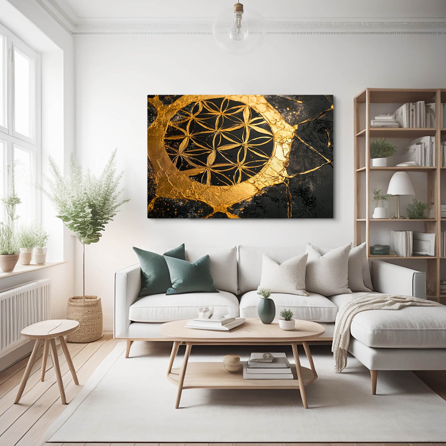 Golden Crescent Kintsugi Flower Of Life Wall Art – styled in a furnished interior