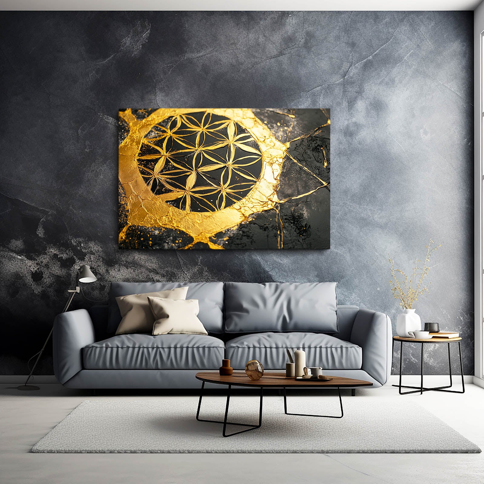 Golden Crescent Kintsugi Flower Of Life Wall Art – styled in a furnished interior