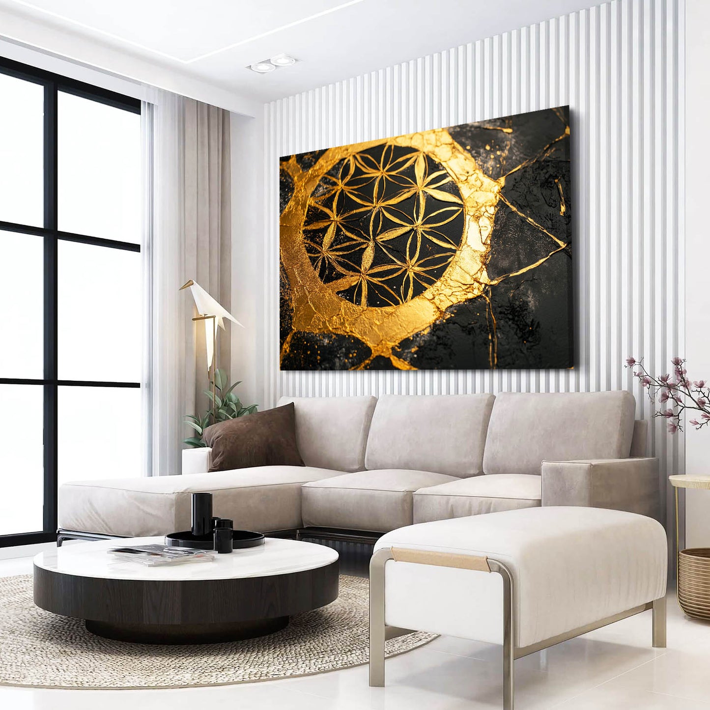 Golden Crescent Kintsugi Flower Of Life Wall Art – styled in a furnished interior