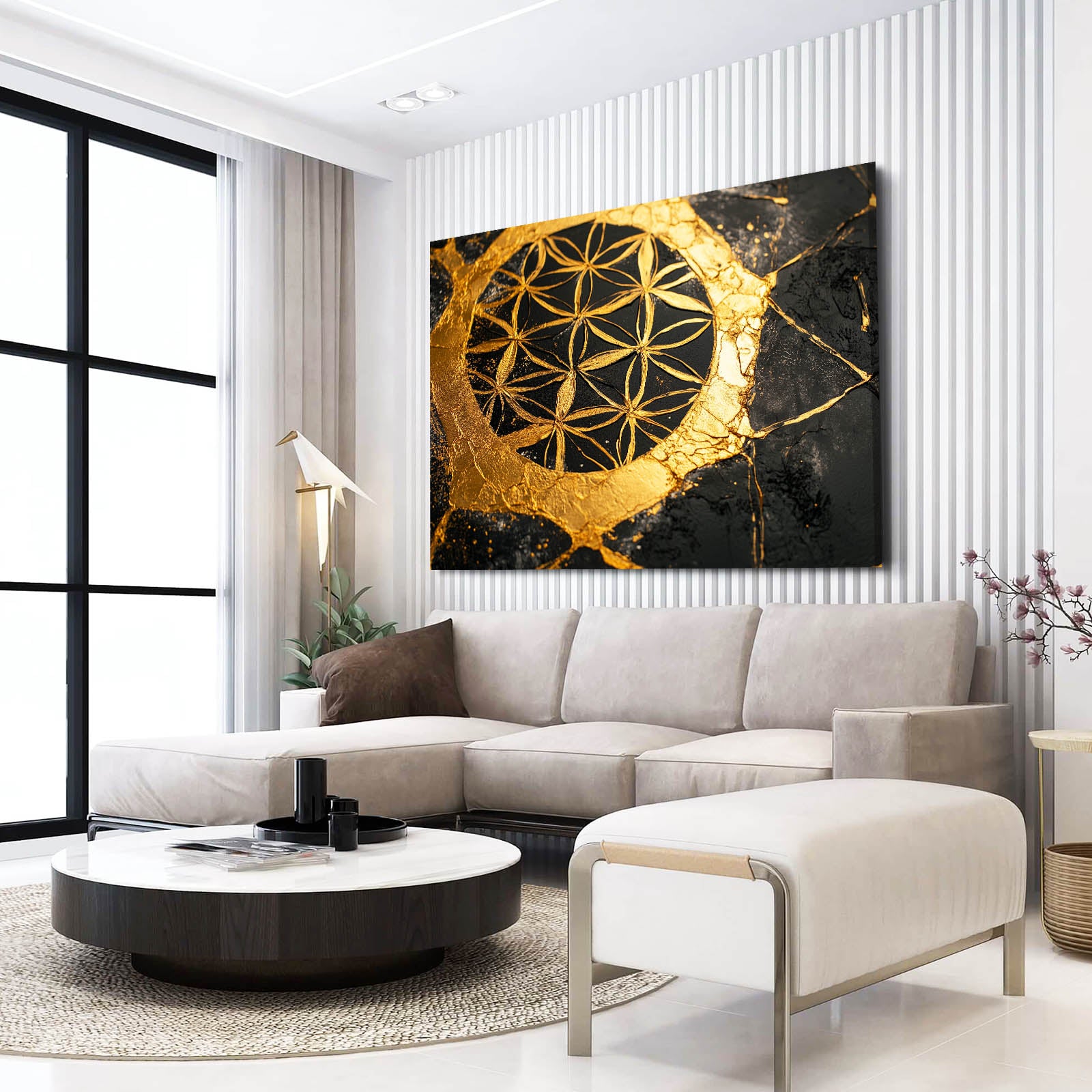 Golden Crescent Kintsugi Flower Of Life Wall Art – styled in a furnished interior