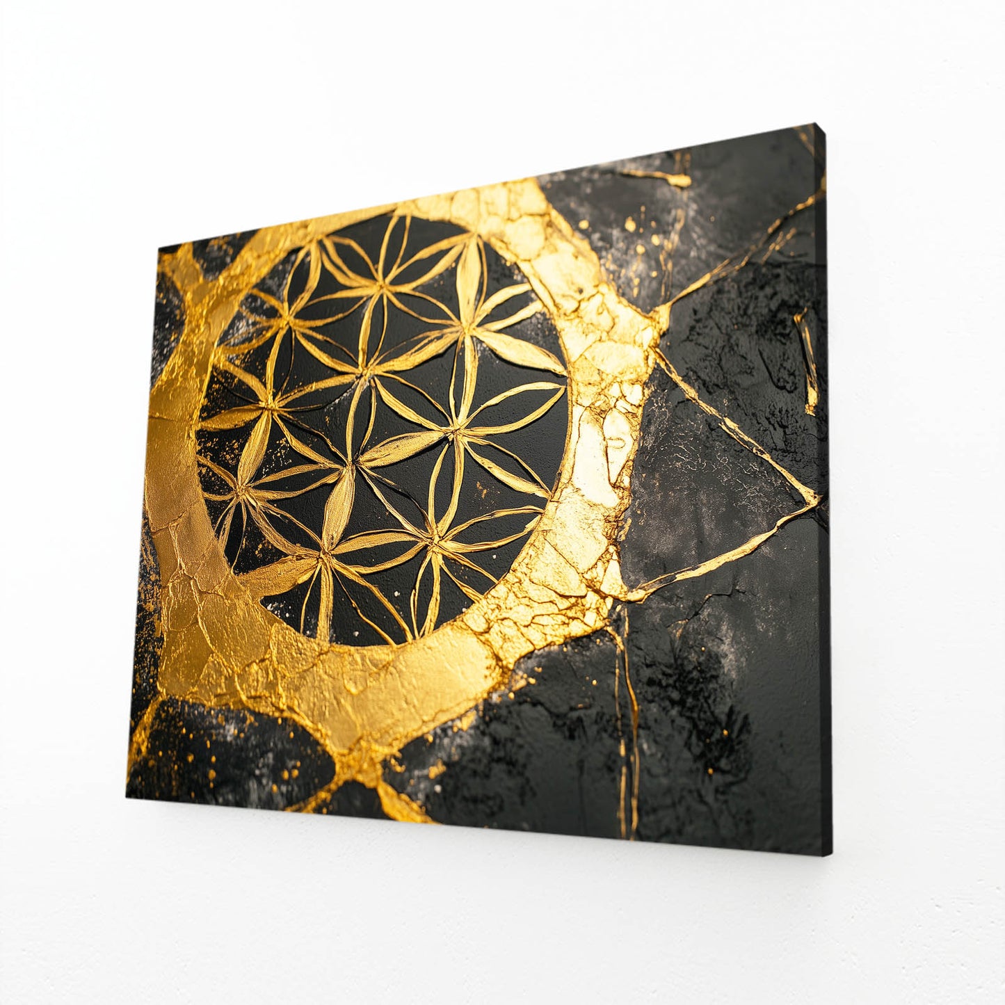 Golden Crescent Kintsugi Flower Of Life Wall Art – angled canvas view on white background