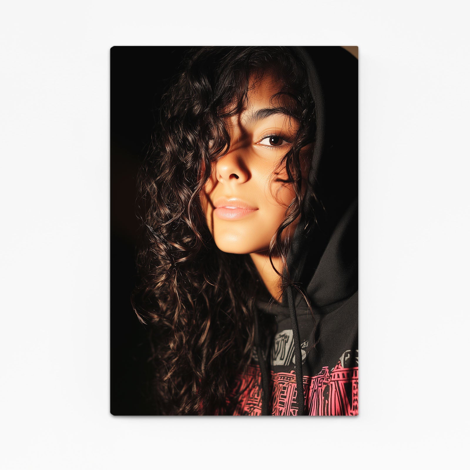 Golden Curls Photography Prints Canvas – young woman's curls catching golden light in shadow