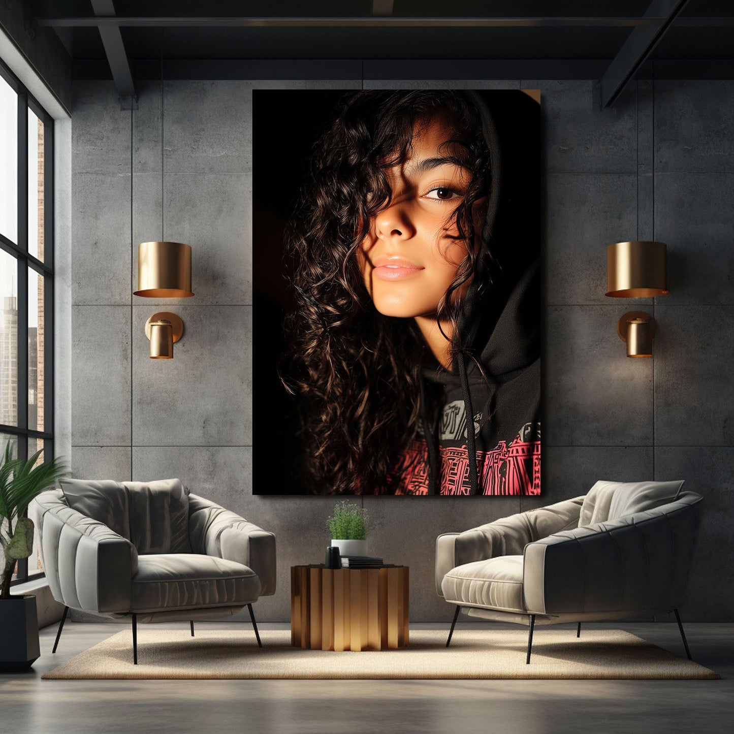 Golden Curls Photography Prints Canvas – in a concrete lounge with designer chairs