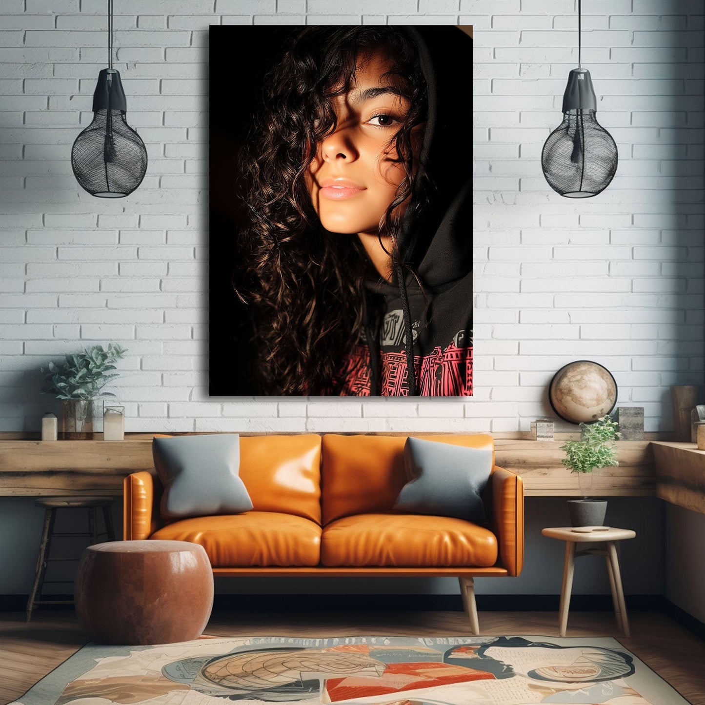 Golden Curls Photography Prints Canvas – above an orange sofa against white brick