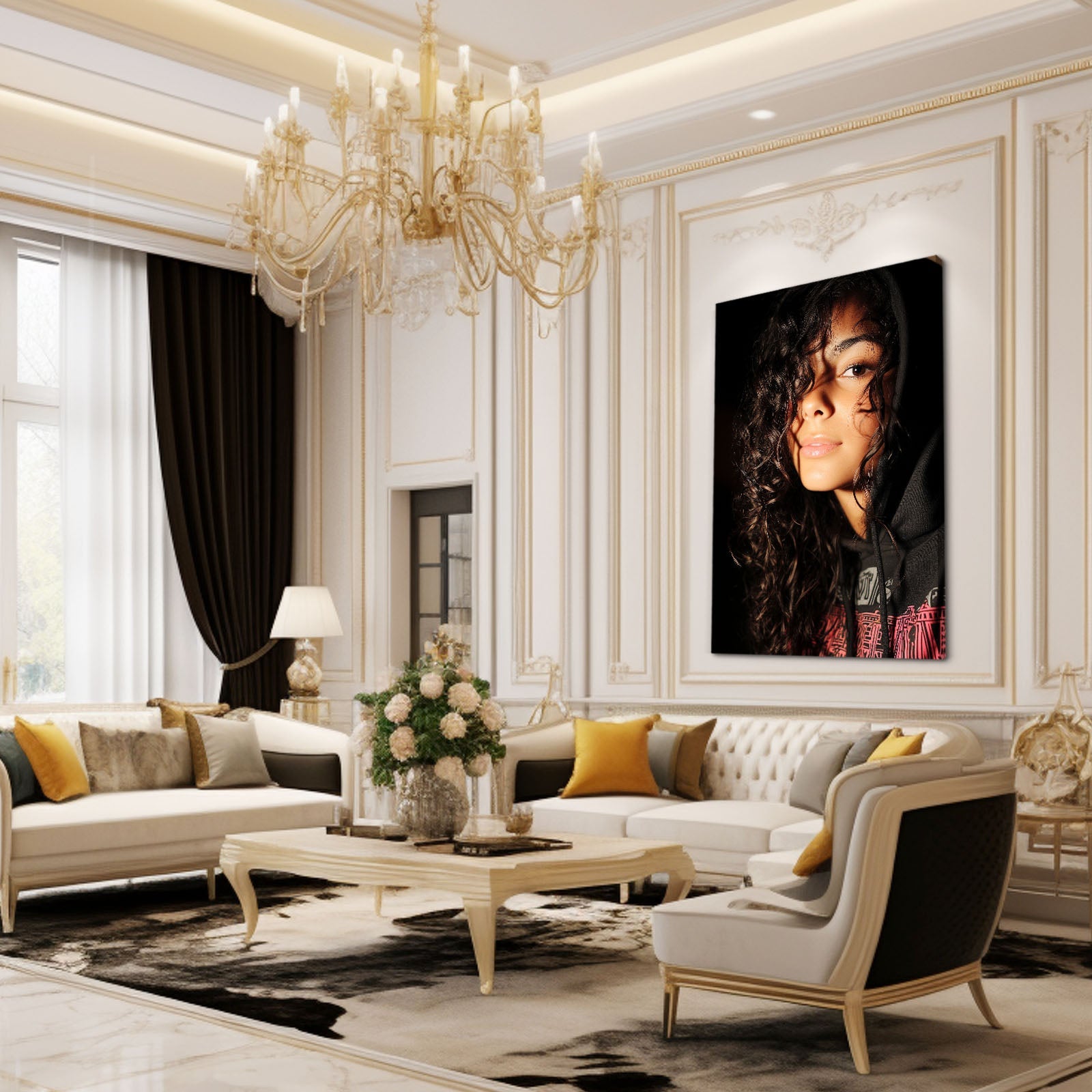 Golden Curls Photography Prints Canvas – in a classic cream lounge with chandelier