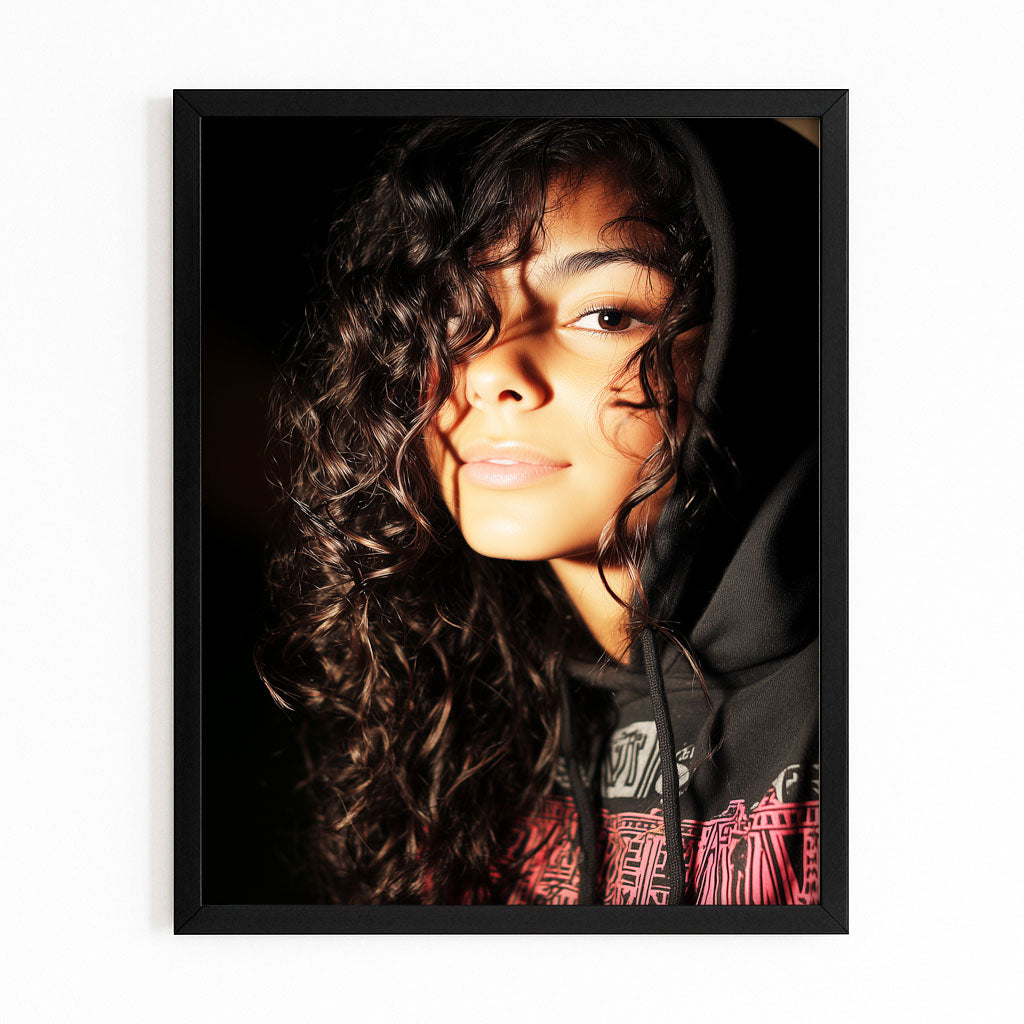 Golden Curls Photography Prints Canvas – with Premium Black frame on white background