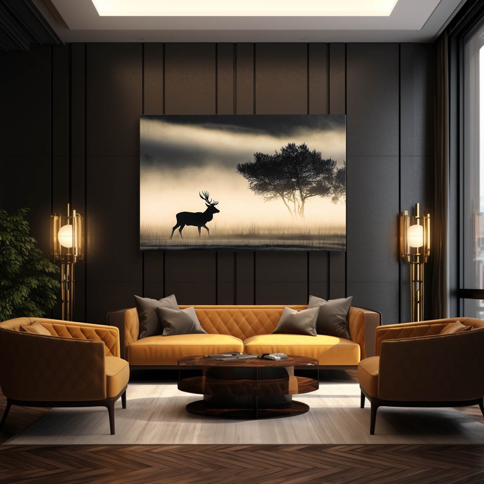 Golden Deer Vintage Black and White Photography – above an amber sofa in a panelled lounge