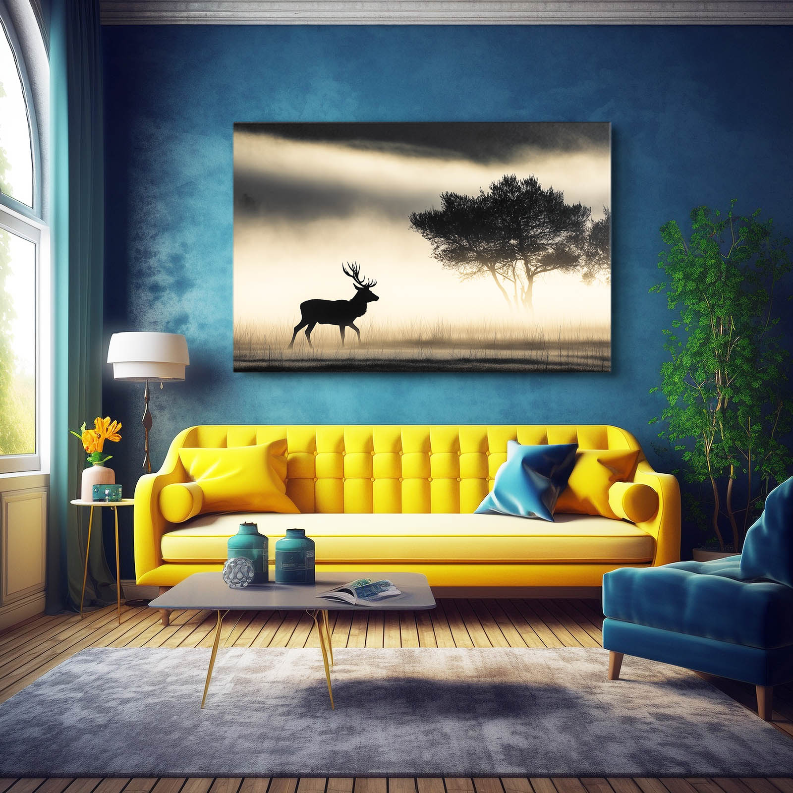 Golden Deer Vintage Black and White Photography – above a yellow sofa on a deep blue wall