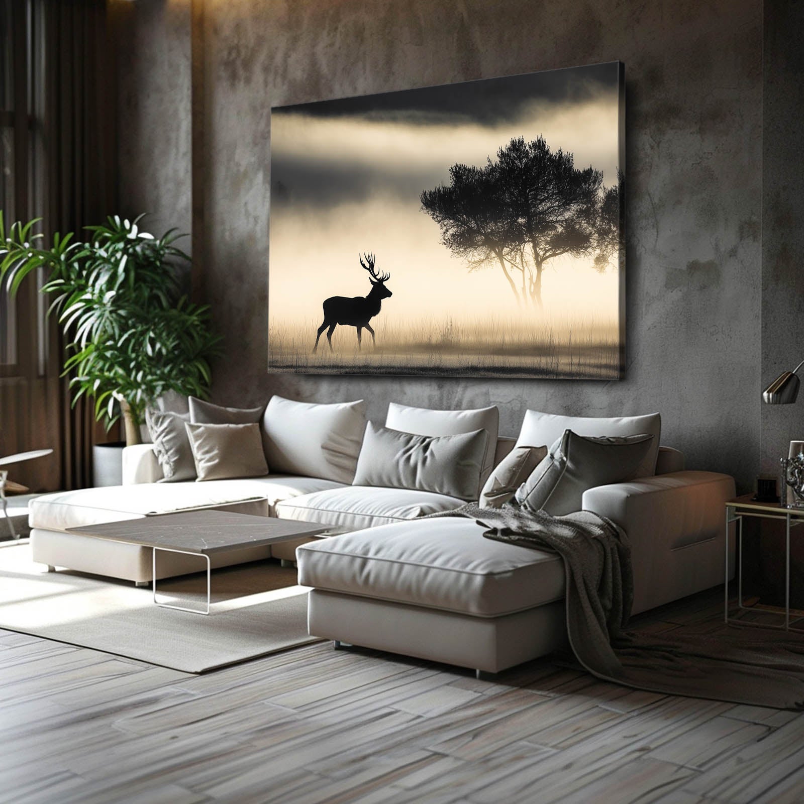 Golden Deer Vintage Black and White Photography – above a grey sofa in a loft