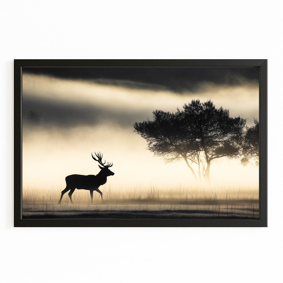 Golden Deer Vintage Black and White Photography — photography canvas print, with Premium Black frame on white background