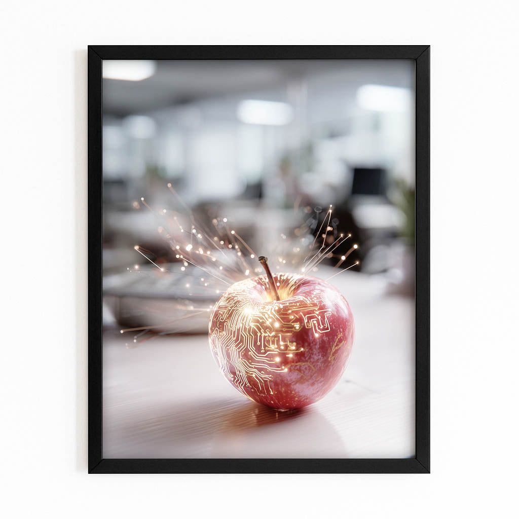 Golden Desk Bokeh Apple Wall Decor – with Premium Black frame on white background