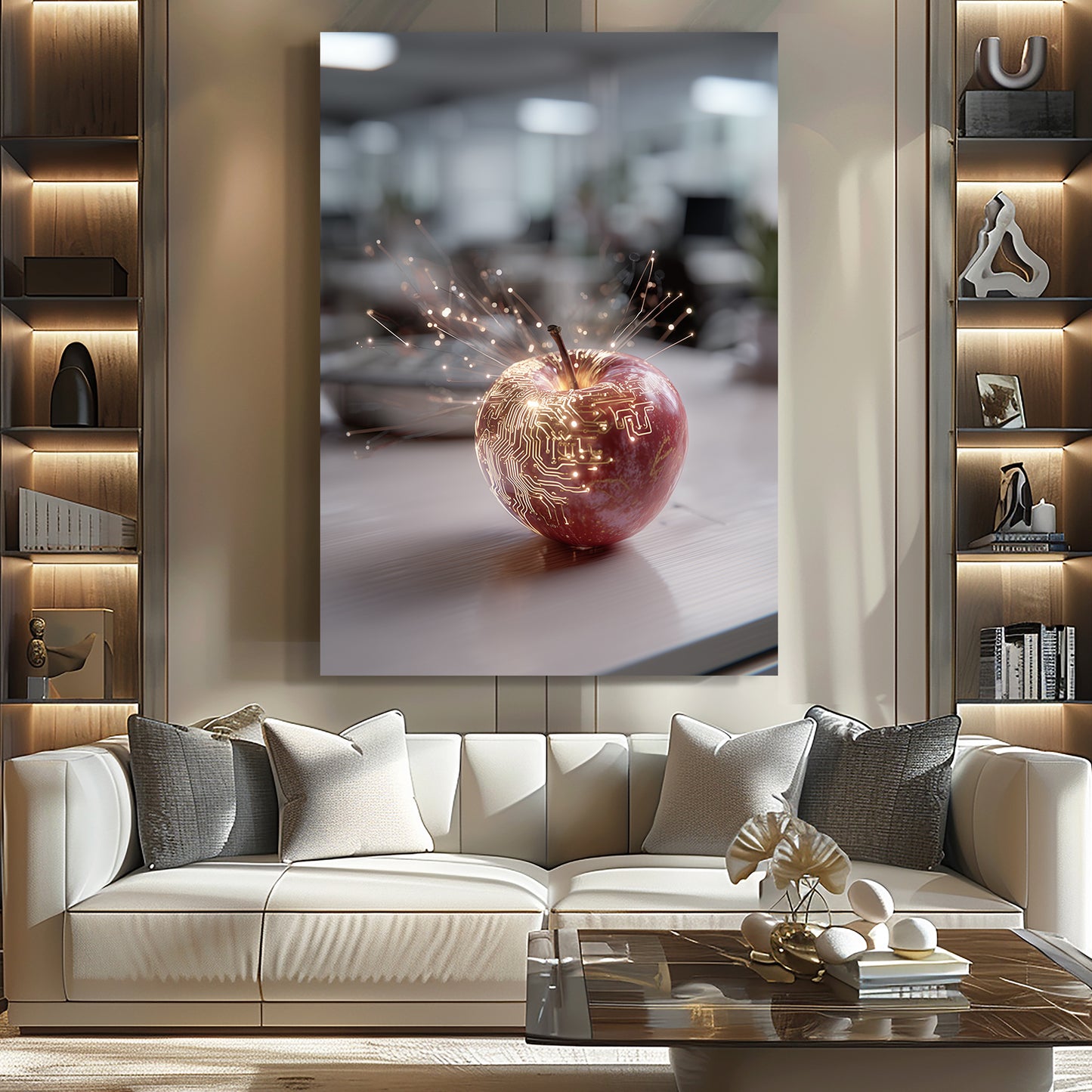 Golden Desk Bokeh Apple Wall Decor – styled in a furnished interior