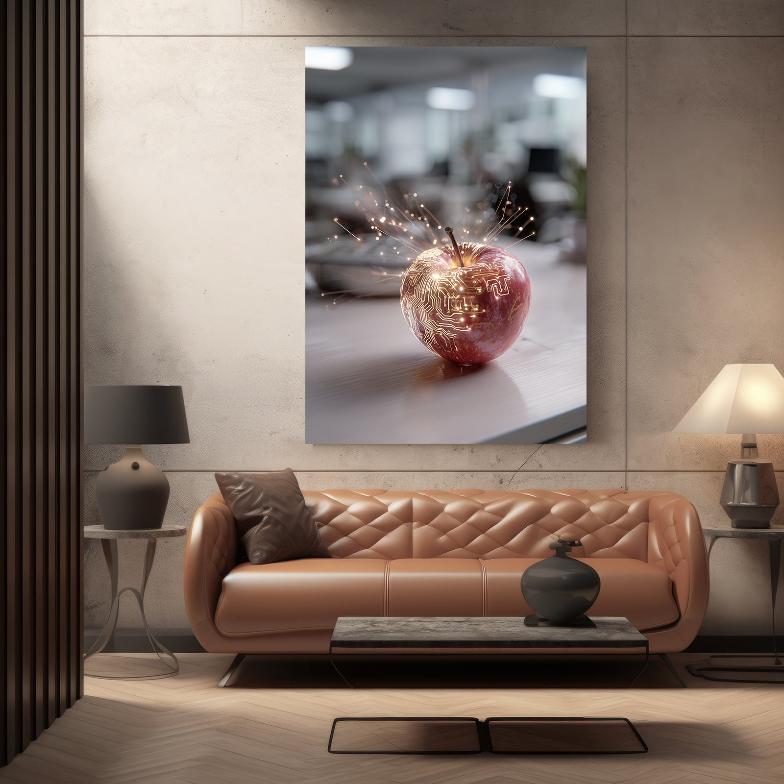 Golden Desk Bokeh Apple Wall Decor – styled in a furnished interior