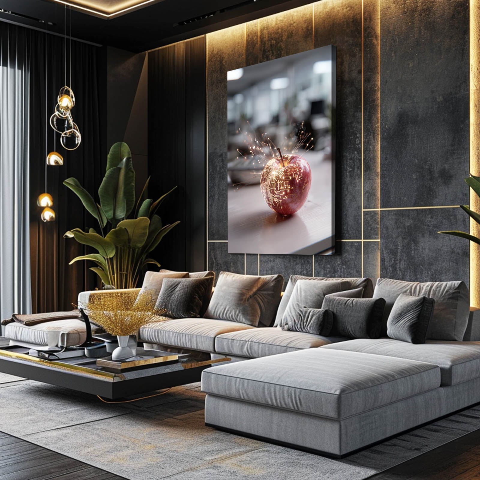 Golden Desk Bokeh Apple Wall Decor – styled in a furnished interior