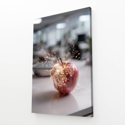 Golden Desk Bokeh Apple Wall Decor – angled canvas view on white background