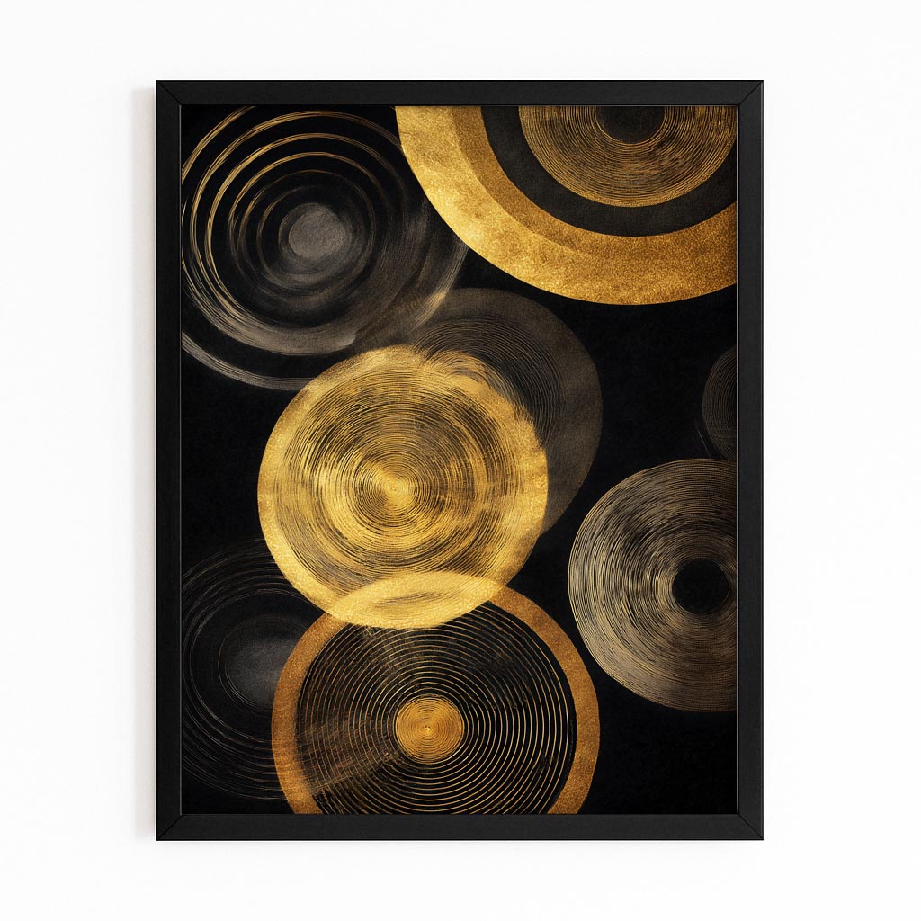 Golden Disc Rings Art – with Premium Black frame on white background