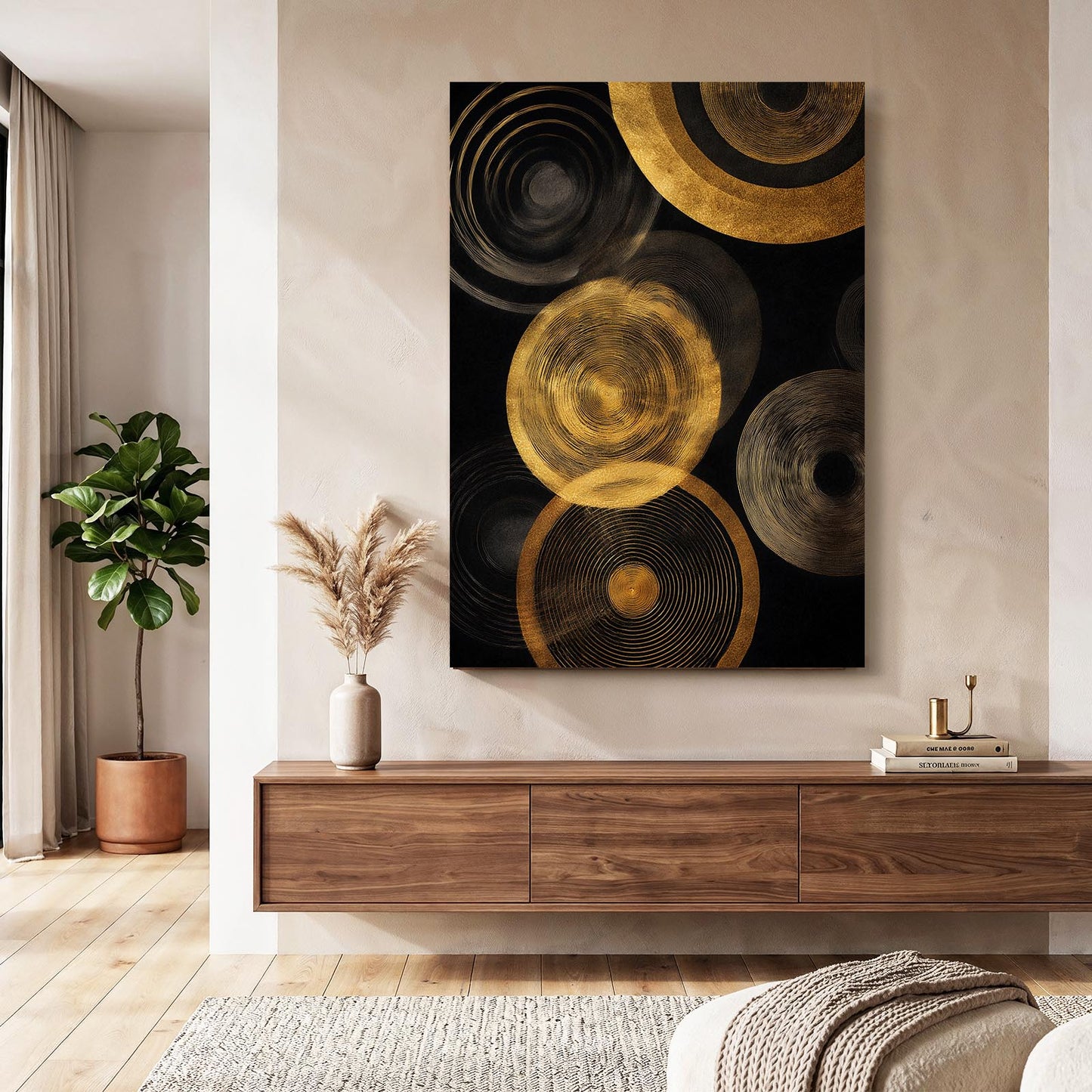 Golden Disc Rings Art – styled in a furnished interior