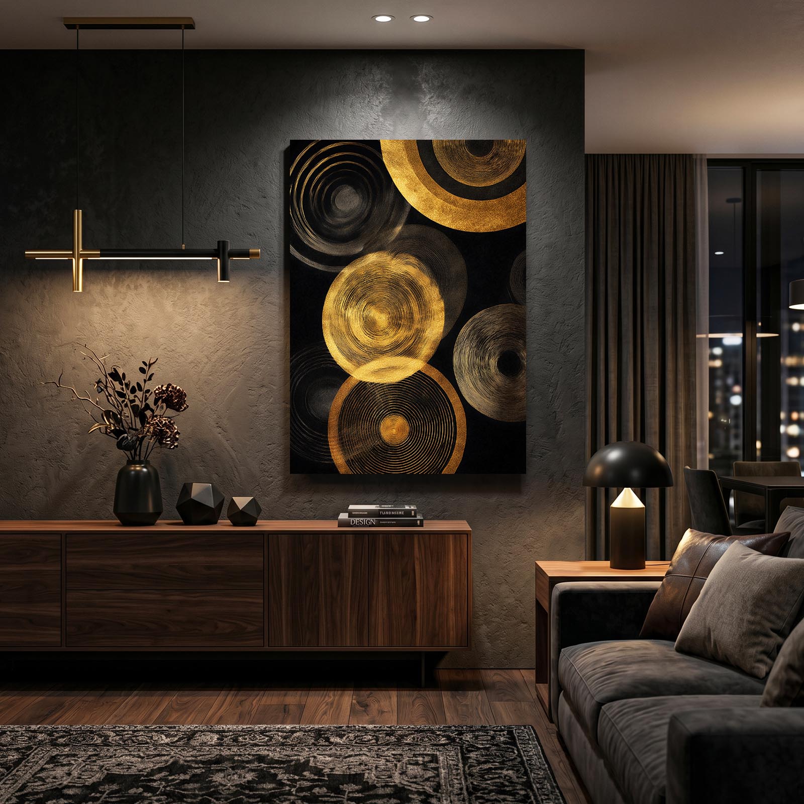 Golden Disc Rings Art – styled in a furnished interior