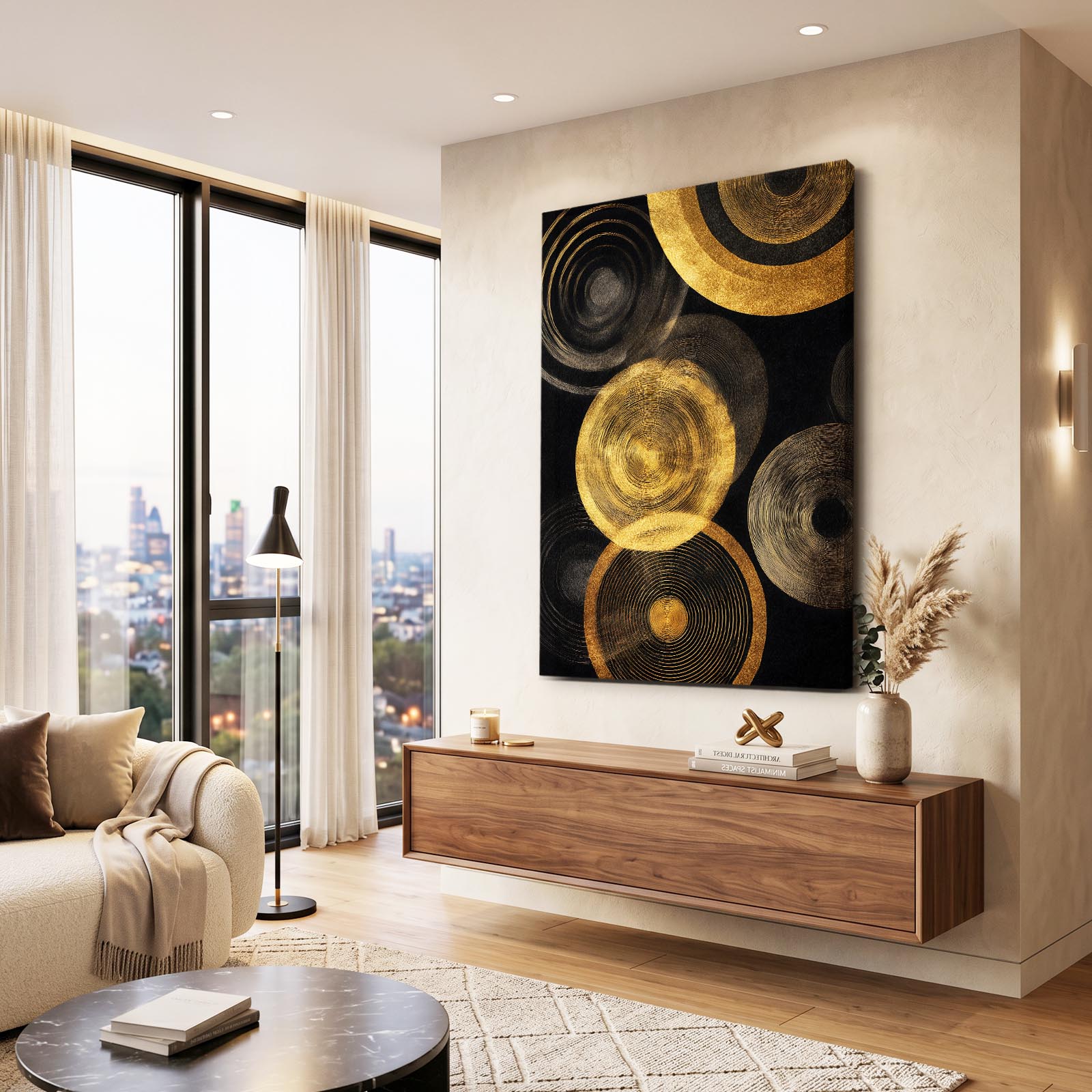 Golden Disc Rings Art – styled in a furnished interior