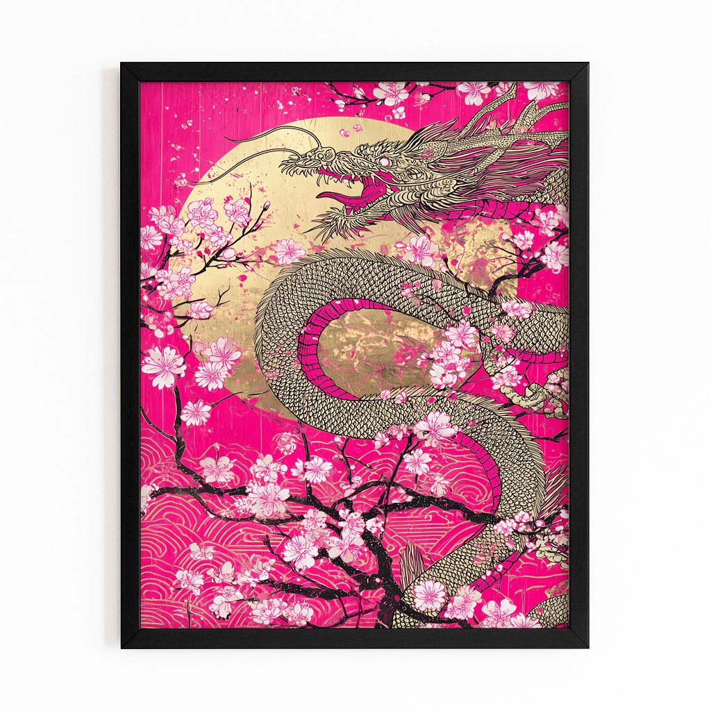 Golden Dragon Scroll Cherry Blossom Prints – with Premium Black frame on white background