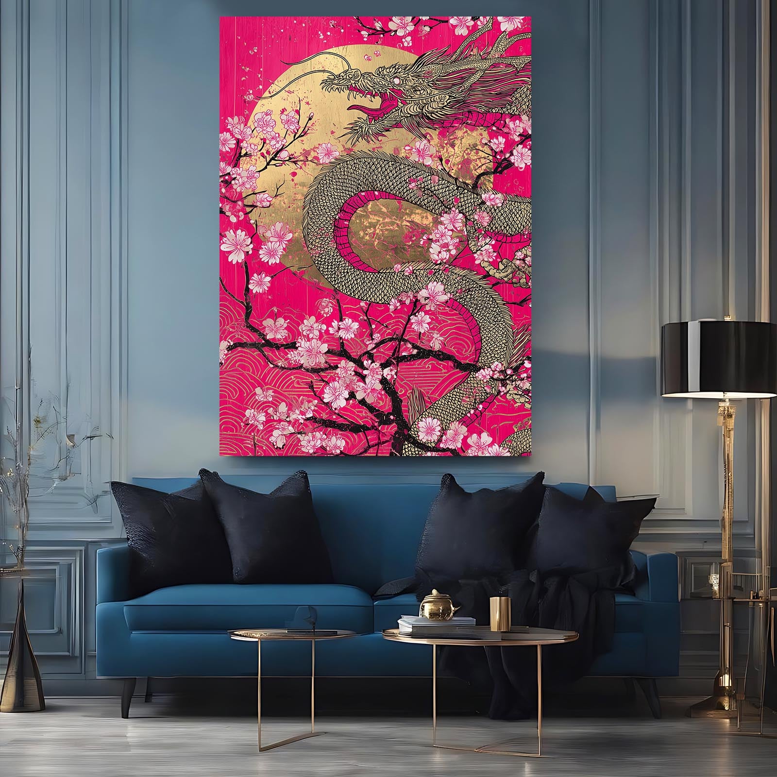 Golden Dragon Scroll Cherry Blossom Prints – styled in a furnished interior