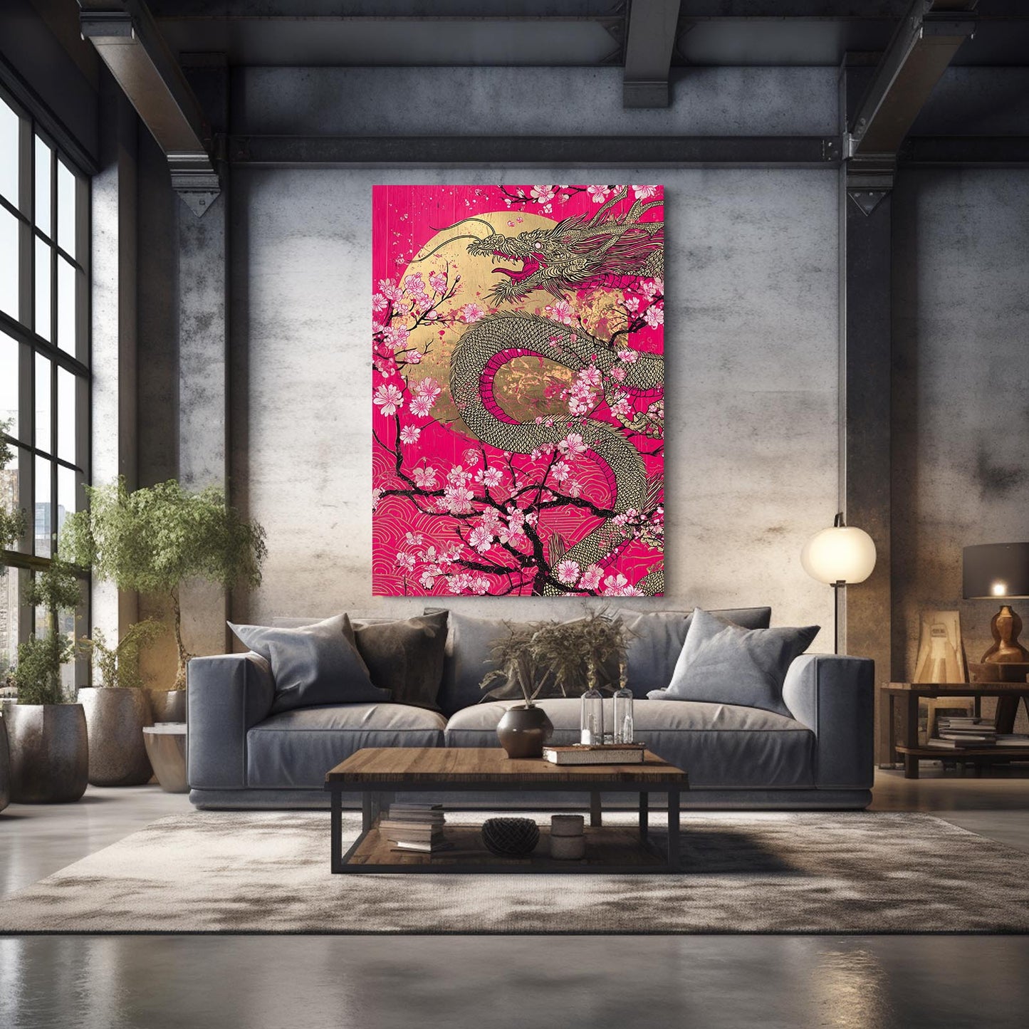 Golden Dragon Scroll Cherry Blossom Prints – styled in a furnished interior
