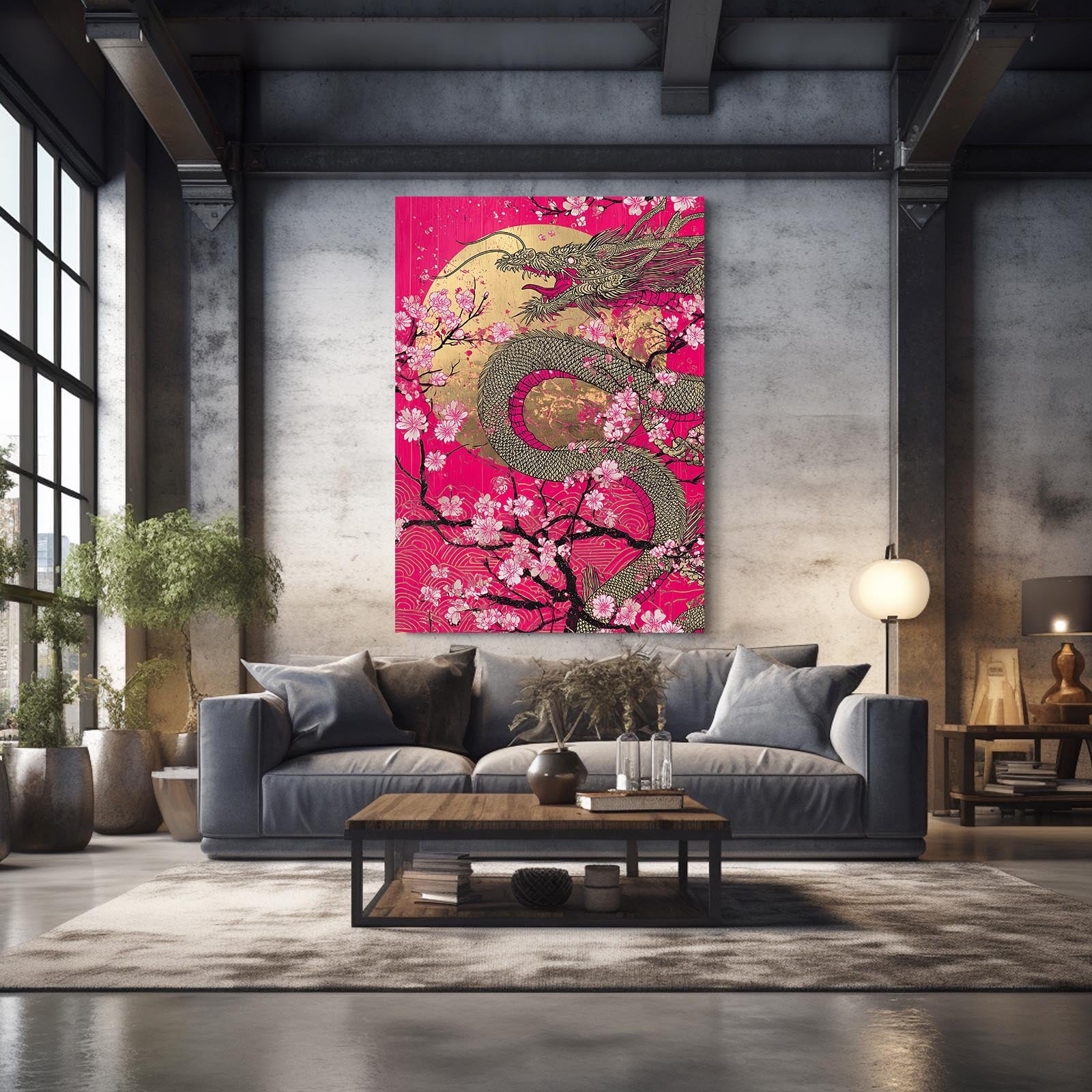 Golden Dragon Scroll Cherry Blossom Prints – styled in a furnished interior