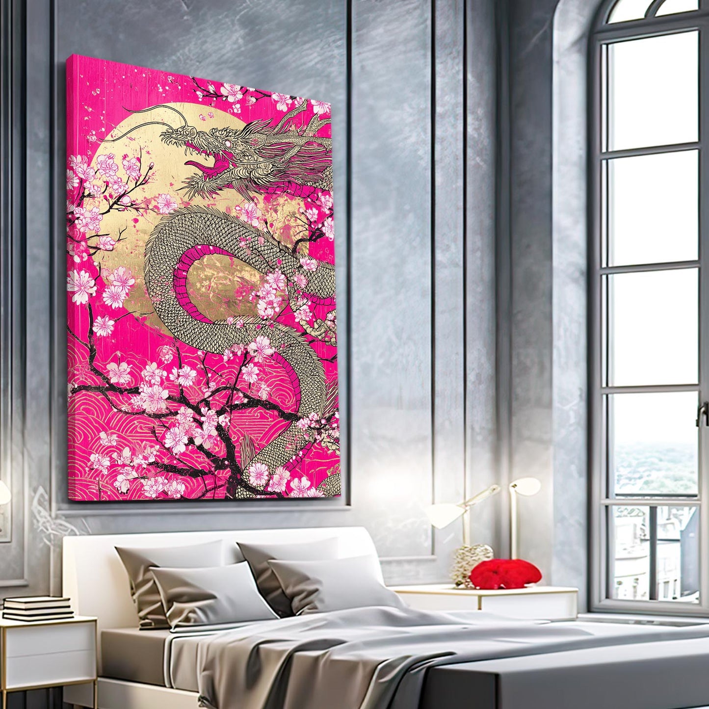 Golden Dragon Scroll Cherry Blossom Prints – styled in a furnished interior