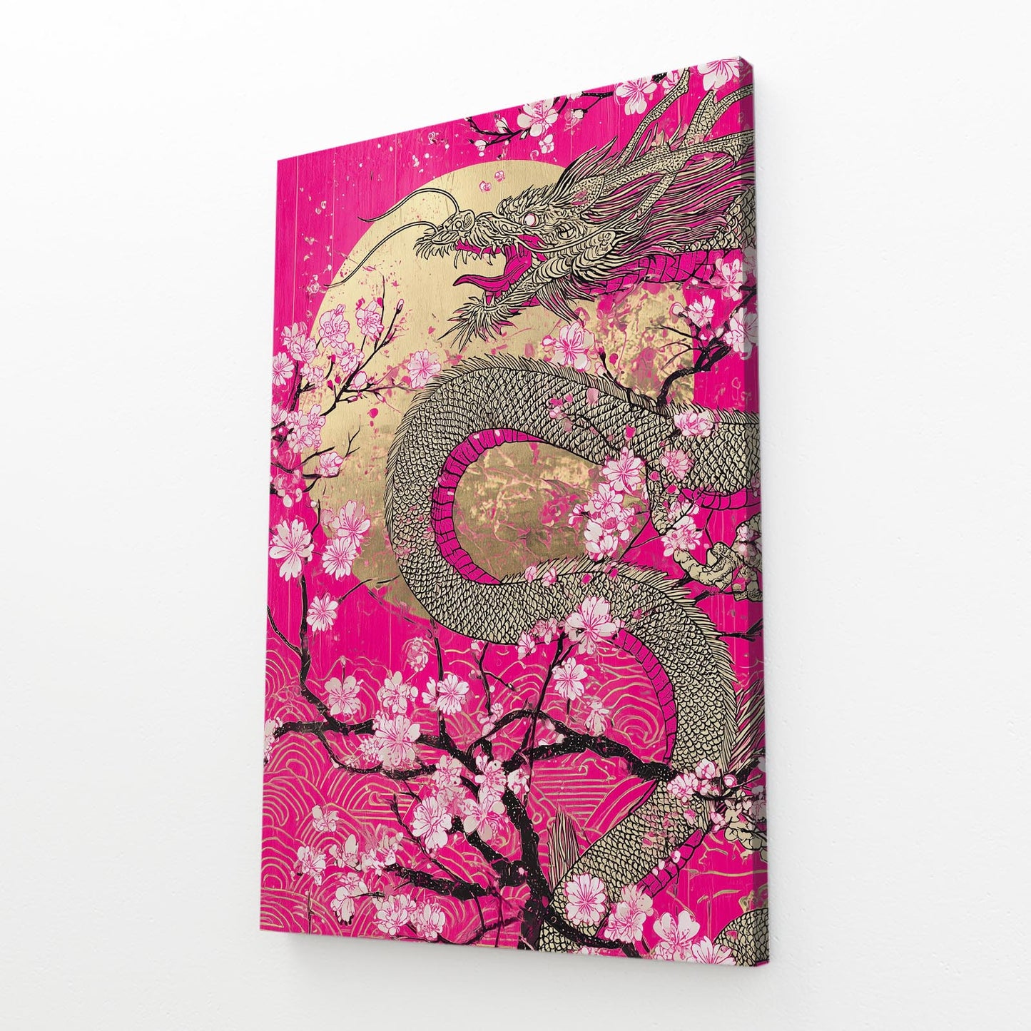 Golden Dragon Scroll Cherry Blossom Prints – angled canvas view on white background
