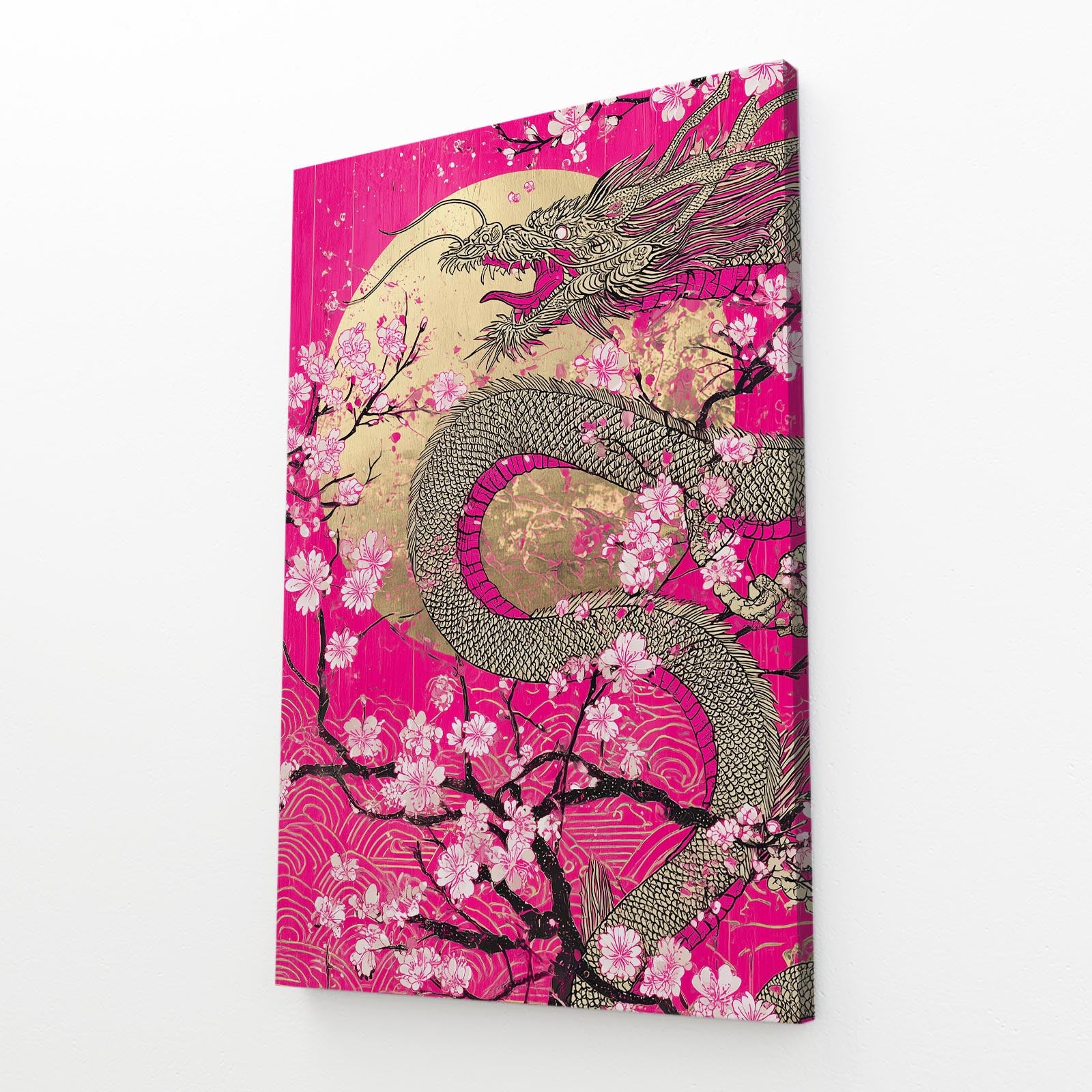 Golden Dragon Scroll Cherry Blossom Prints – angled canvas view on white background