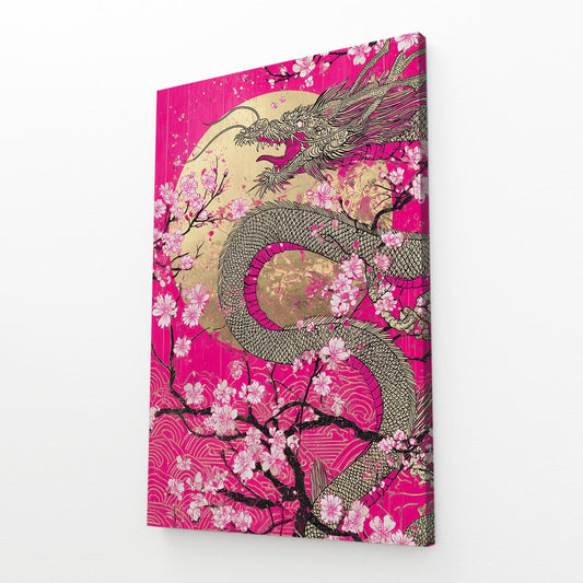 Golden Dragon Scroll Cherry Blossom Prints – angled canvas view on white background