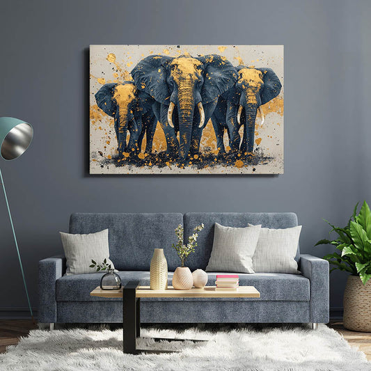 Golden Elephant Splash Art — african art canvas print in blue tones, view 3