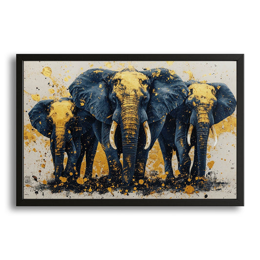 Golden Elephant Splash Art — african art canvas print in blue tones, canvas print on white background
