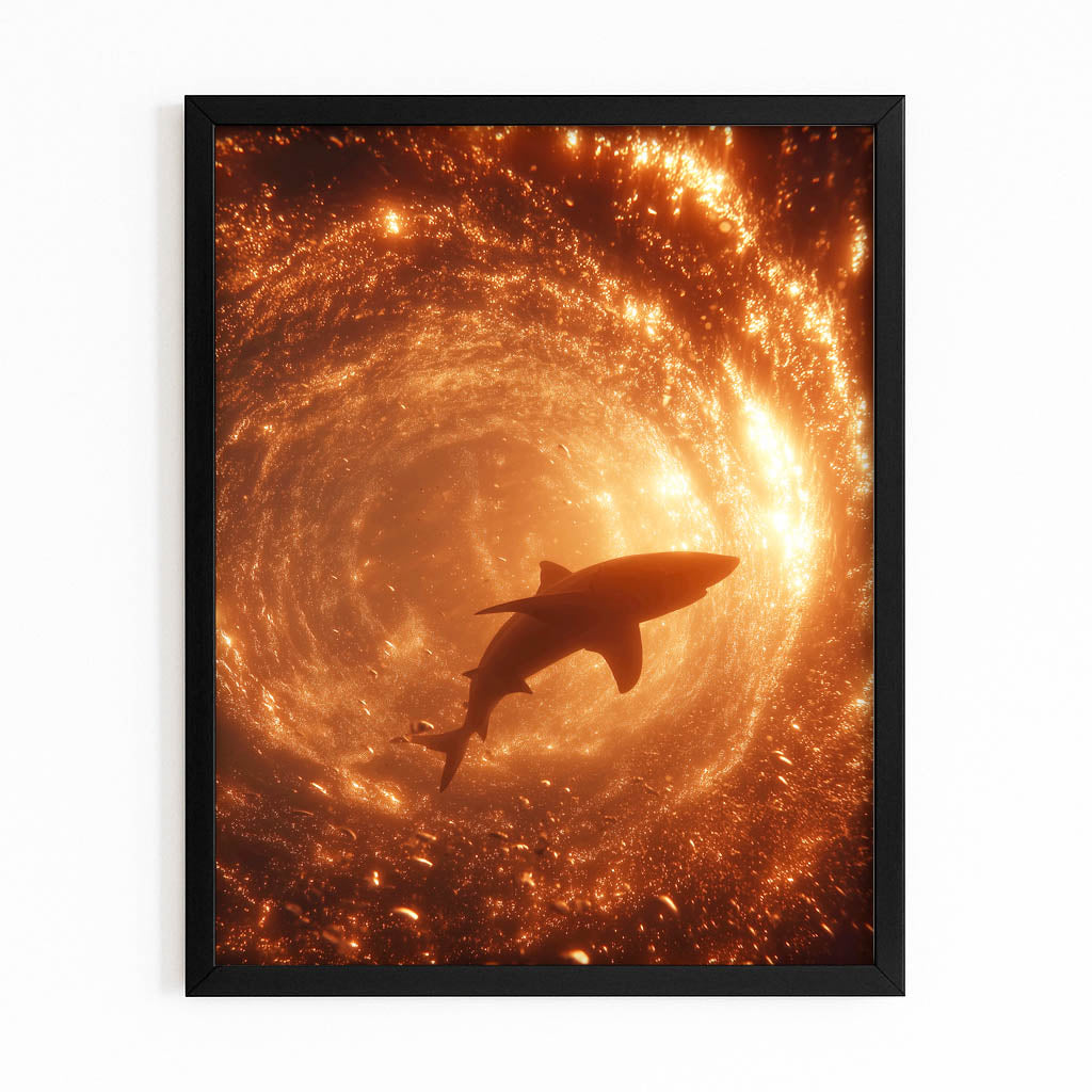 Golden Ember Spiral Shark Canvas – with Premium Black frame on white background