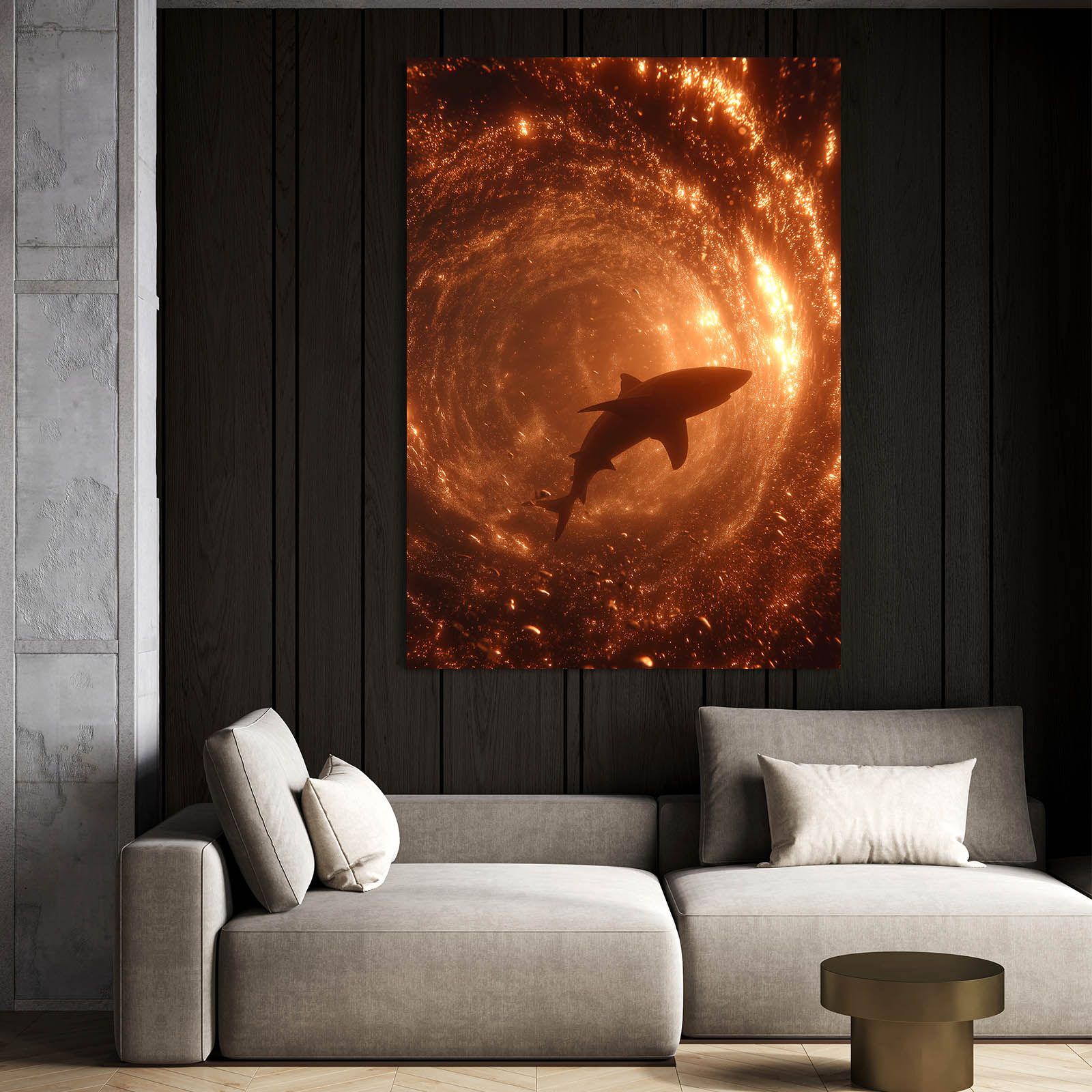 Golden Ember Spiral Shark Canvas – styled in a furnished interior