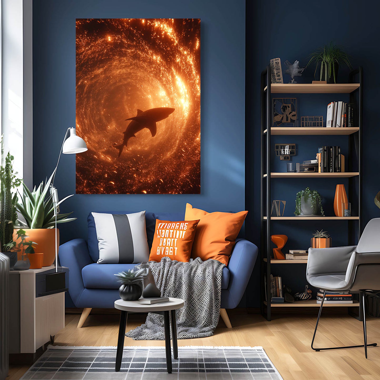 Golden Ember Spiral Shark Canvas – styled in a furnished interior