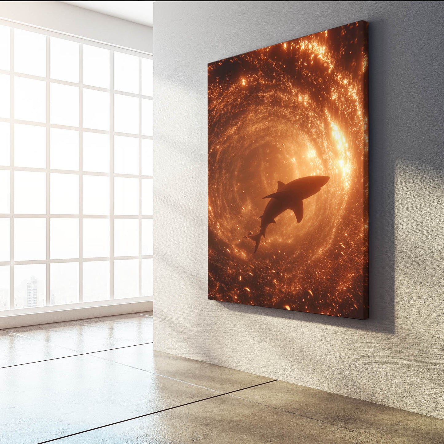 Golden Ember Spiral Shark Canvas – styled in a furnished interior