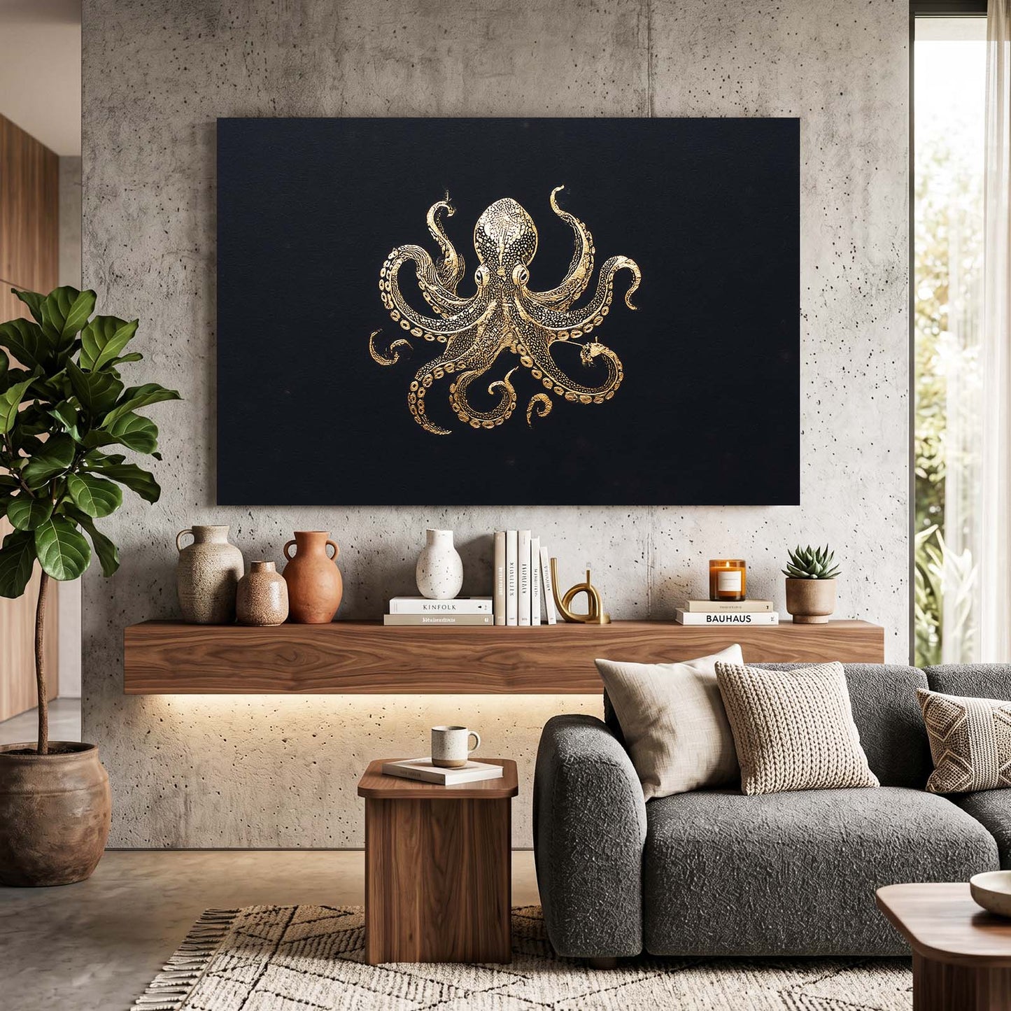 Golden Emblem Octopus Wall Art – styled in a furnished interior