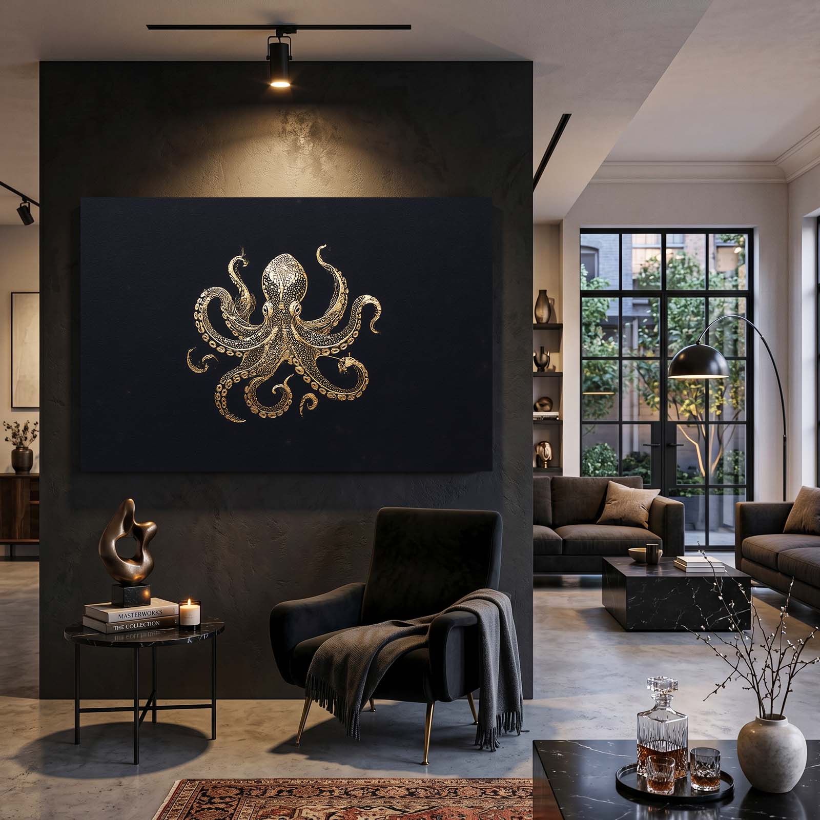 Golden Emblem Octopus Wall Art – styled in a furnished interior