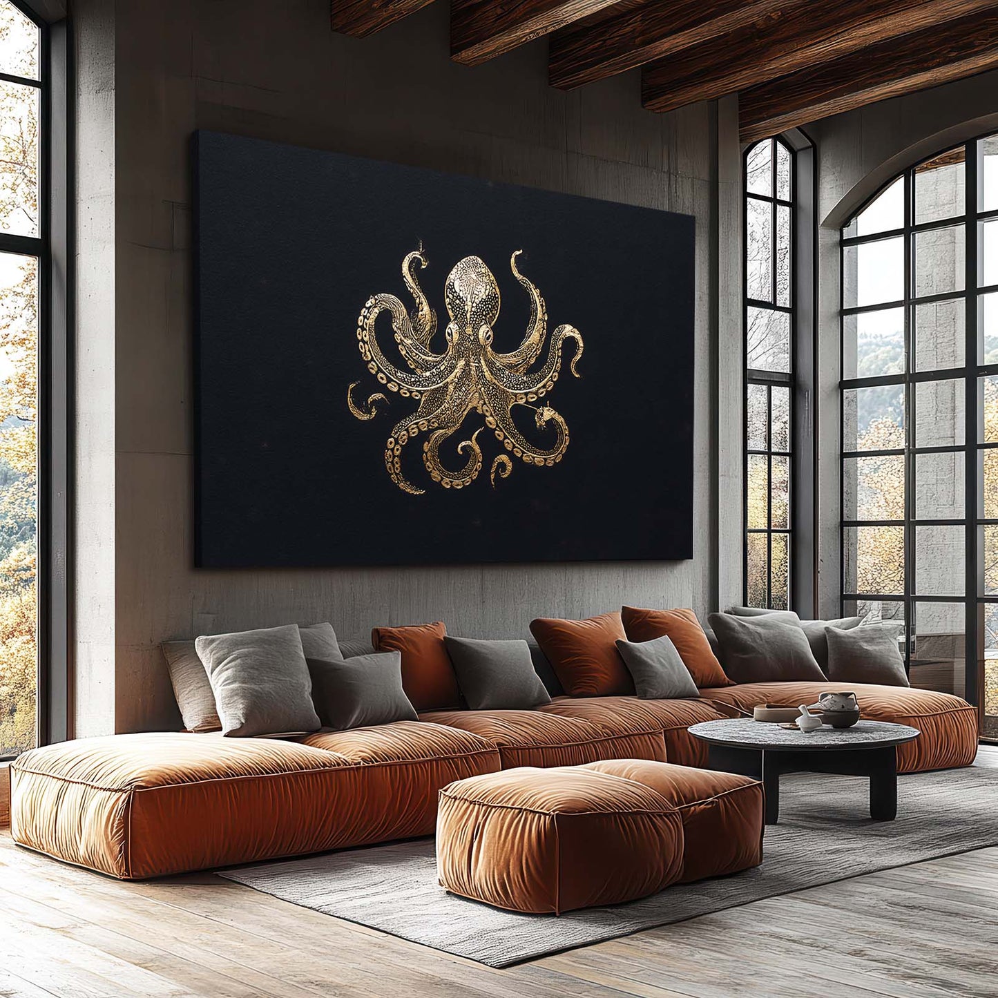 Golden Emblem Octopus Wall Art – styled in a furnished interior