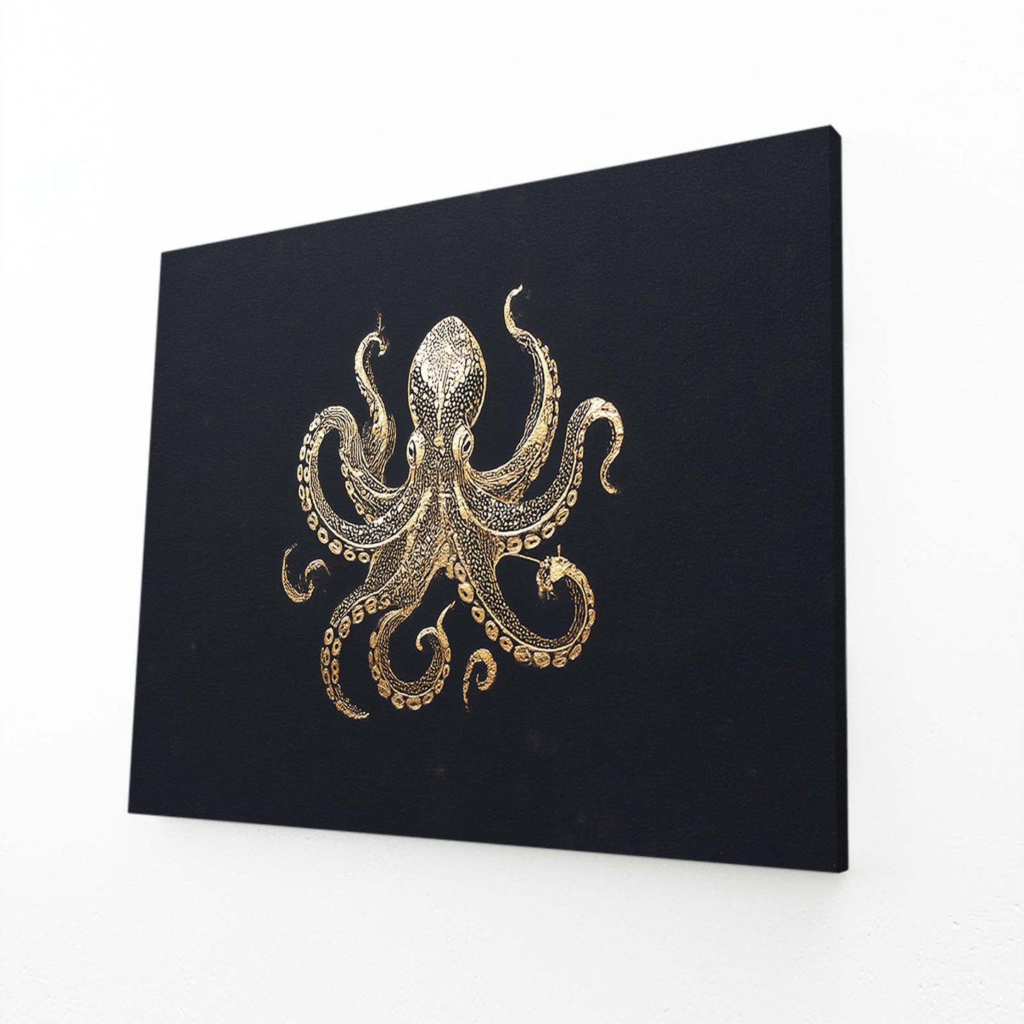 Golden Emblem Octopus Wall Art – angled canvas view on white background