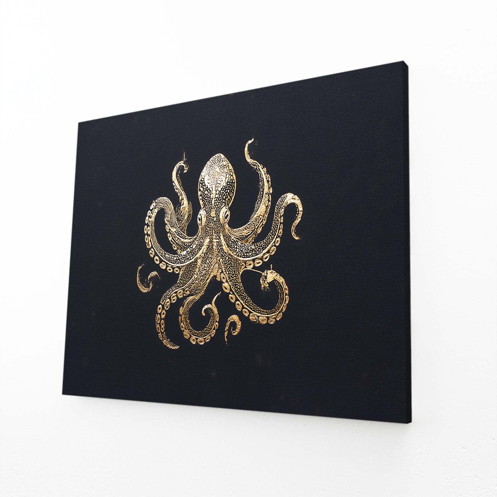 Golden Emblem Octopus Wall Art – angled canvas view on white background