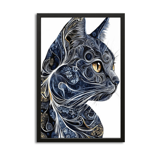 Golden Eyes Ornamental Cat Art — art deco canvas print in blue tones, with Premium Black frame on white background