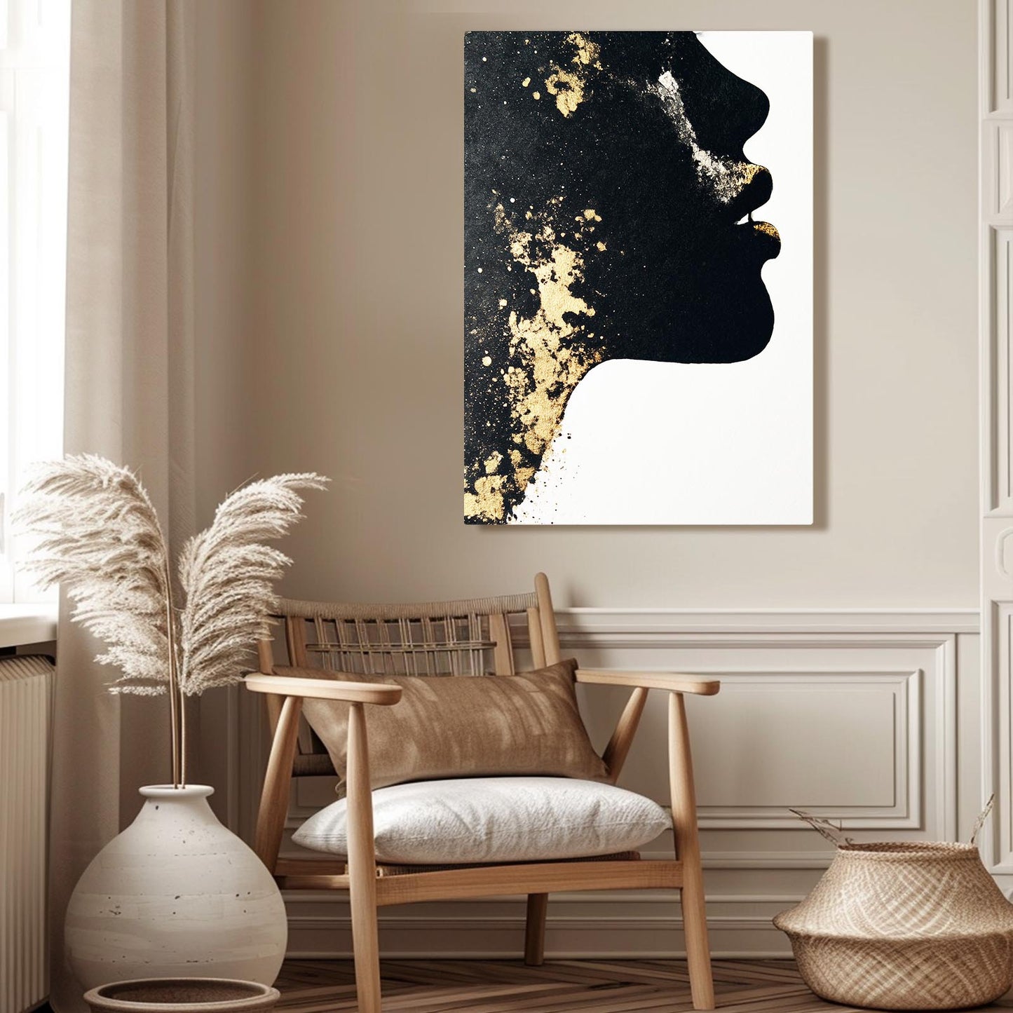 Golden Face Profile Canvas Art – styled in a furnished interior