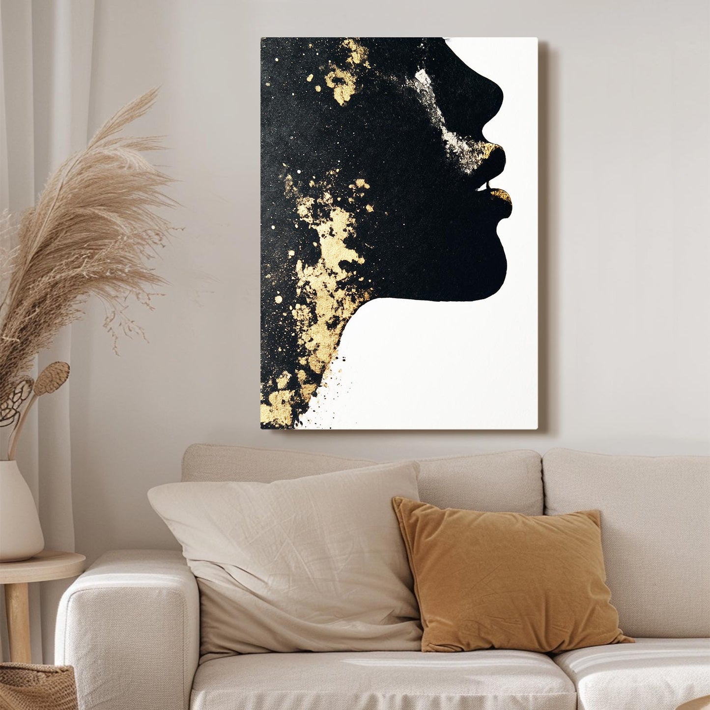 Golden Face Profile Canvas Art – styled in a furnished interior