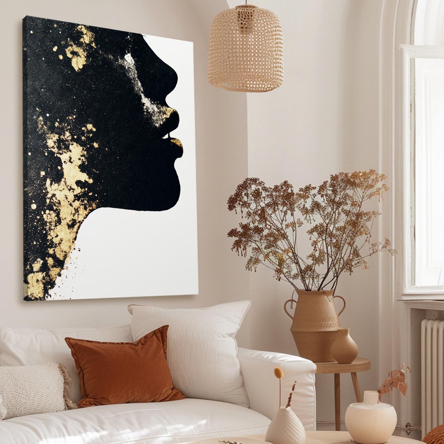 Golden Face Profile Canvas Art – styled in a furnished interior
