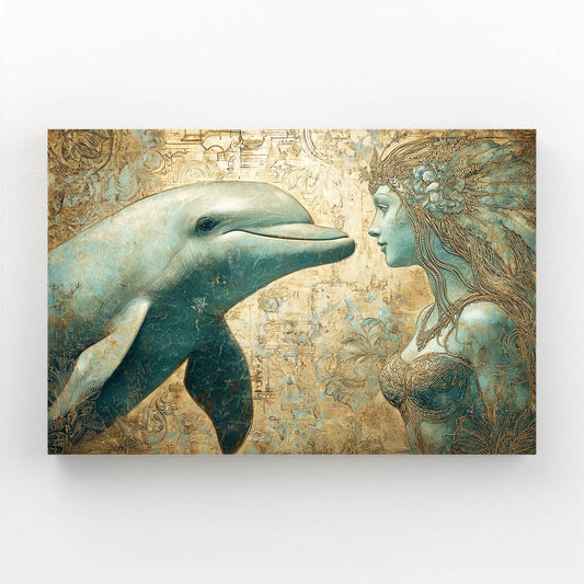Golden Fairy Dolphin Art – gold-etched vintage scene of a dolphin meeting a fairy face to face