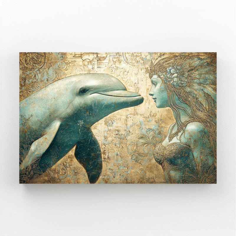Golden Fairy Dolphin Art – gold-etched vintage scene of a dolphin meeting a fairy face to face