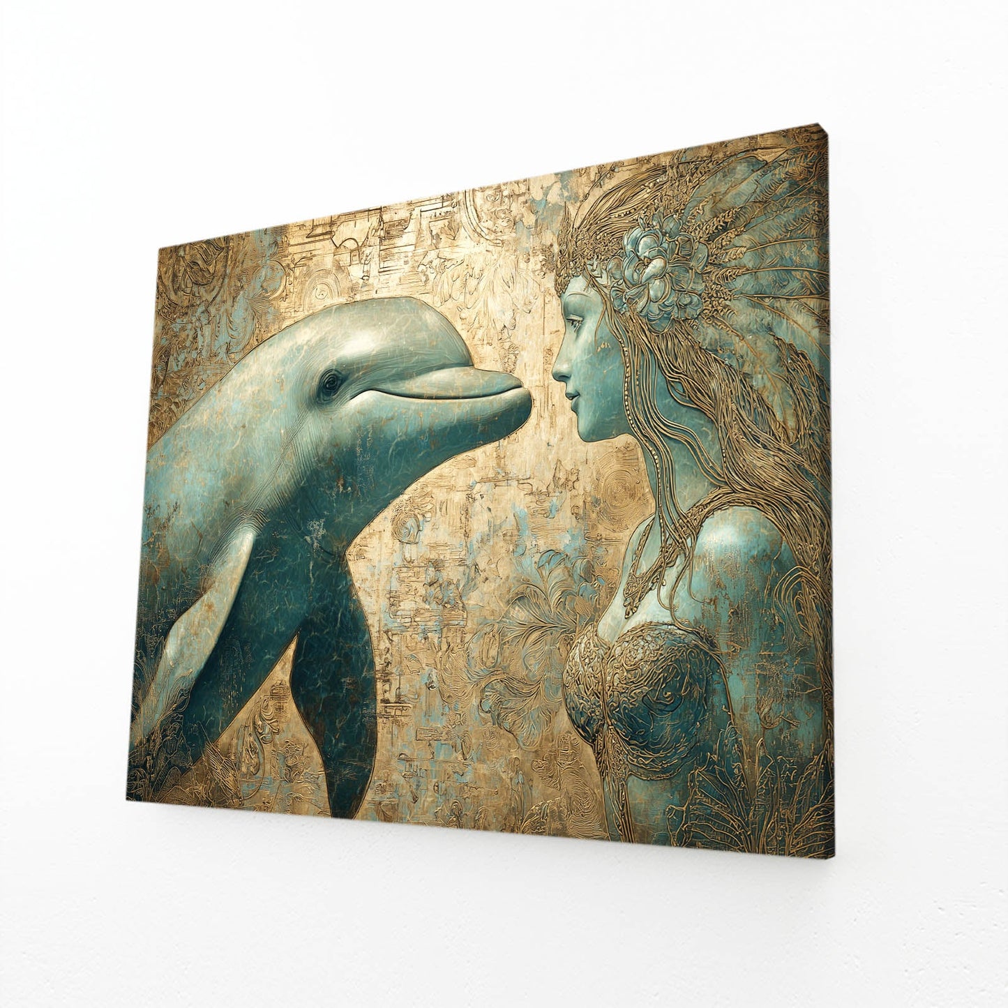 Golden Fairy Dolphin Art – angled canvas view on white background
